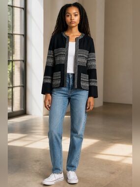 L'AGENCE Black and White Textured Open-Front Blazer